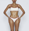 Swimwear Square neck bikini top in "Off White" color with " Red " contrast binding outline. Adjustable bikini straps. soft swimwear fabric. High legs bikini, high rise bikini bottom. Cheeky coverage swimwear bottom. Shop bikini online.