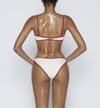 Swimwear Square neck bikini top in "Off White" color with " Red " contrast binding outline. Adjustable bikini straps. soft swimwear fabric. High legs bikini, high rise bikini bottom. Cheeky coverage swimwear bottom. Shop bikini online.